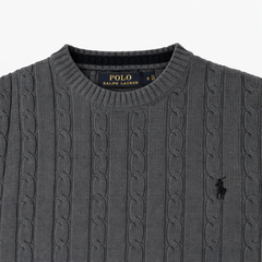 RL IMPORTED SMALL PONY ROUND NECK CABLE KNIT SWEATER (CHARCOAL GREY)