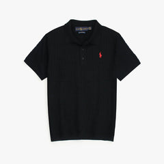 RL PREMIUM CABEL-KNIT BUTTON POLO SHIRT (BLACK)