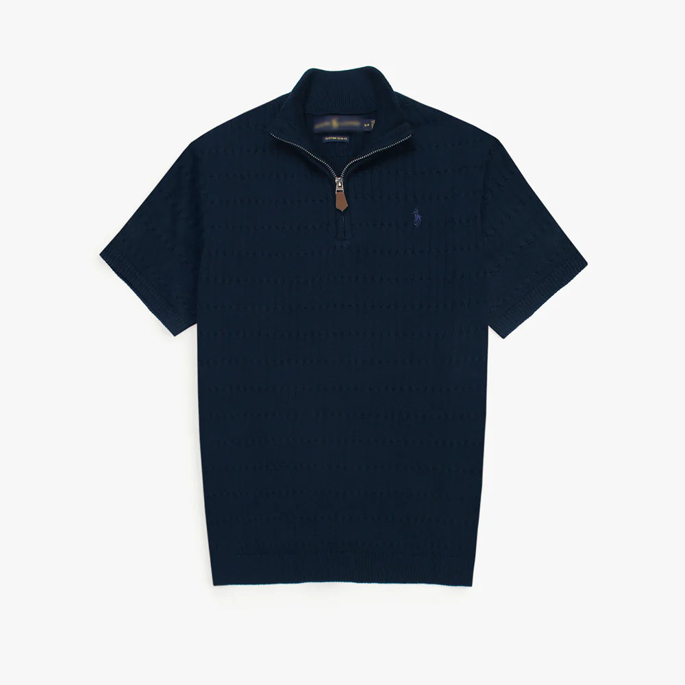 RL PREMIUM MEN'S CABEL-KNIT ZIPPER POLO SHIRT (NAVY)