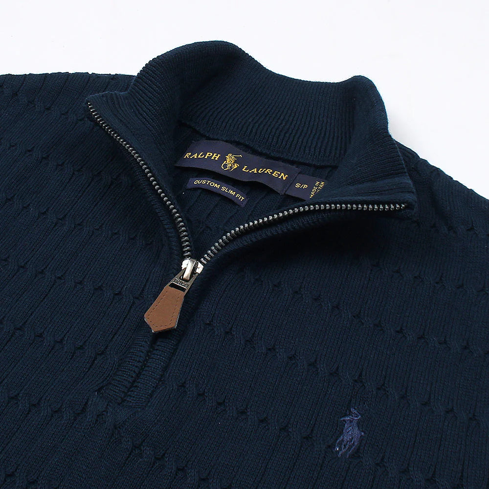RL PREMIUM MEN'S CABEL-KNIT ZIPPER POLO SHIRT (NAVY)
