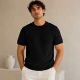 COTTON EAGLE CREW NECK CABLE KNIT SHIRT (BLACK)
