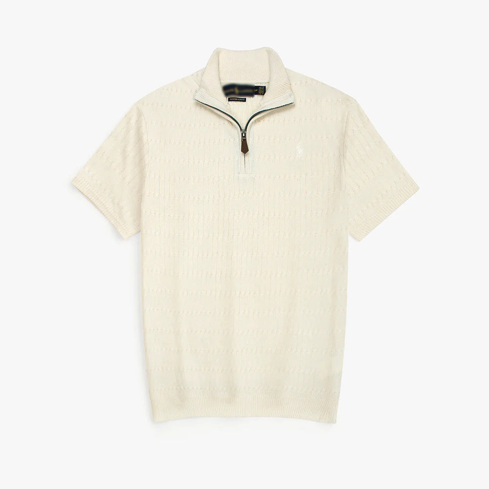 RL PREMIUM MEN'S CABEL-KNIT ZIPPER POLO SHIRT (CREAM)