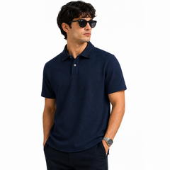 Z.A.R.A DENIM COLLAR WAFFLE KNIT POLO SHIRT (NAVY BLUE)