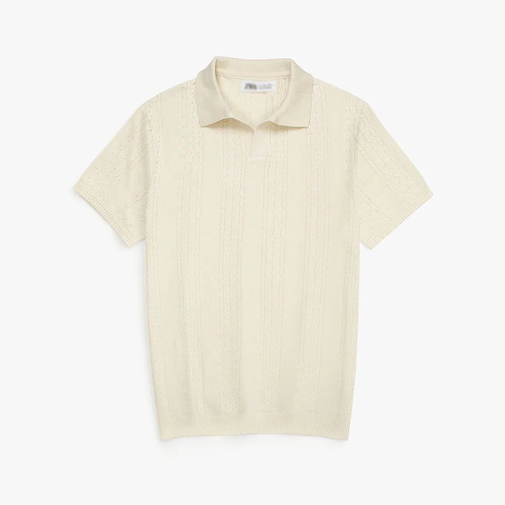 Z.A.R.A PREMIUM CABEL-KNIT V NECK POLO SHIRT (OFF-WHITE)
