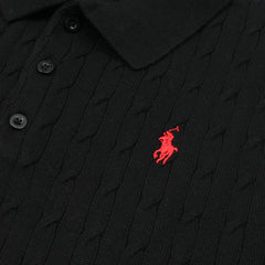 RL PREMIUM CABEL-KNIT BUTTON POLO SHIRT (BLACK)