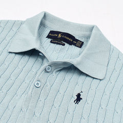 RL PREMIUM CABEL-KNIT BUTTON POLO SHIRT (SKY)