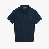 RL PREMIUM CABEL-KNIT BUTTON POLO SHIRT (NAVY BLUE)