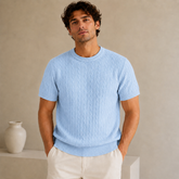COTTON EAGLE CREW NECK CABLE KNIT SHIRT (SKY)