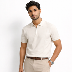 Z.A.R.A FRONT PANEL MEN'S ZIP UP POLO SHIRT (OFF-WHITE)