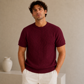 COTTON EAGLE CREW NECK CABLE KNIT SHIRT (MAROON)