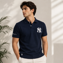 RL NY COTTON PIQUE COTTON POLO SHIRT (NAVY BLUE)