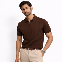 Z.A.R.A FRONT PANEL MEN'S ZIP UP POLO SHIRT (CHOCLATE BROWN)