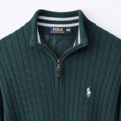RL IMPORTED SINGLE PONY TIPPED COLLAR CABLE KNIT SWEATER (GREEN)