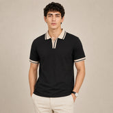 COTTON EAGLE CONTRAST COLLAR WAFFLE KNIT POLO (BLACK)
