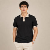 COTTON EAGLE CONTRAST COLLAR WAFFLE KNIT POLO (BLACK)
