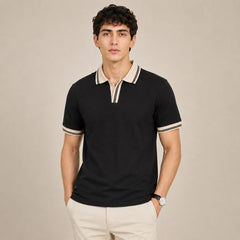COTTON EAGLE CONTRAST COLLAR WAFFLE KNIT POLO (BLACK)