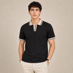 COTTON EAGLE CONTRAST COLLAR WAFFLE KNIT POLO (BLACK)