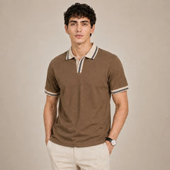 COTTON EAGLE CONTRAST COLLAR WAFFLE KNIT POLO (BROWN)