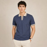 COTTON EAGLE CONTRAST COLLAR WAFFLE KNIT POLO (MELANGE BLUE)
