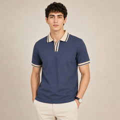 COTTON EAGLE CONTRAST COLLAR WAFFLE KNIT POLO (MELANGE BLUE)