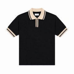 COTTON EAGLE CONTRAST COLLAR WAFFLE KNIT POLO (BLACK)