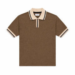 COTTON EAGLE CONTRAST COLLAR WAFFLE KNIT POLO (BROWN)