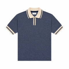 COTTON EAGLE CONTRAST COLLAR WAFFLE KNIT POLO (MELANGE BLUE)