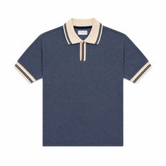 COTTON EAGLE CONTRAST COLLAR WAFFLE KNIT POLO (MELANGE BLUE)