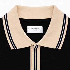 COTTON EAGLE CONTRAST COLLAR WAFFLE KNIT POLO (BLACK)