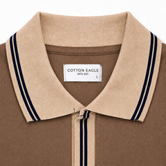 COTTON EAGLE CONTRAST COLLAR WAFFLE KNIT POLO (BROWN)