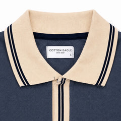 COTTON EAGLE CONTRAST COLLAR WAFFLE KNIT POLO (MELANGE BLUE)
