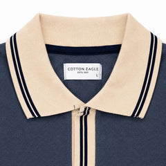COTTON EAGLE CONTRAST COLLAR WAFFLE KNIT POLO (MELANGE BLUE)