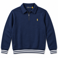 RL PREMIUM SMALL PONY JOHNNY COLLAR COTTON FLEECE QUARTER ZIP-UP (NAVY BLUE)