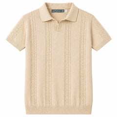 COTTON EAGLE MEN'S JOHNNY COLLAR CABLE KNIT POLO SHIRT (BEIGE)