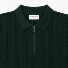 COTTON EAGLE KINGSLEY ZIP UP CABLE KNIT POLO SHIRT (GREEN)
