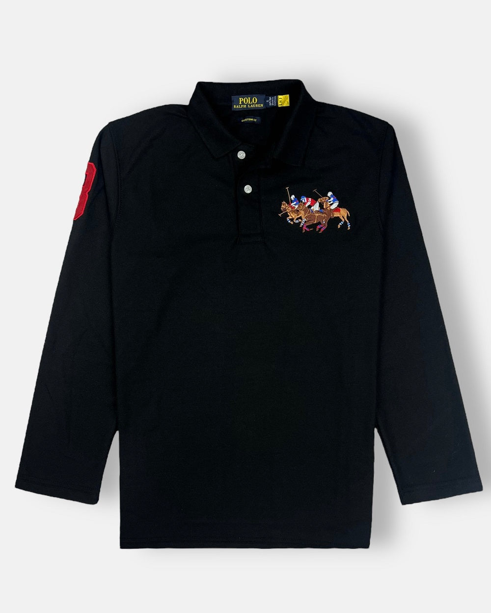 Black long sleeve polo shirt with store red horse