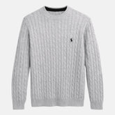 RL IMPORTED SMALL PONY ROUND NECK CABLE KNIT SWEATER (HEATHER GREY)