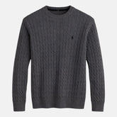 RL IMPORTED SMALL PONY ROUND NECK CABLE KNIT SWEATER (CHARCOAL GREY)