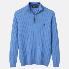 RL IMPORTED SINGLE PONY TIPPED COLLAR CABLE KNIT SWEATER (SKY BLUE)