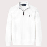 RL IMPORTED SINGLE PONY TIPPED COLLAR CABLE KNIT SWEATER (WHITE)