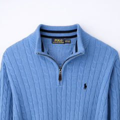 RL IMPORTED SINGLE PONY TIPPED COLLAR CABLE KNIT SWEATER (SKY BLUE)