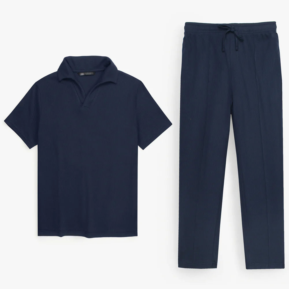 Z.A.R.A WAFFLE KNIT OVERSIZED SLIT TRACKSUIT (NAVY BLUE)