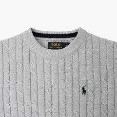 RL IMPORTED SMALL PONY ROUND NECK CABLE KNIT SWEATER (HEATHER GREY)