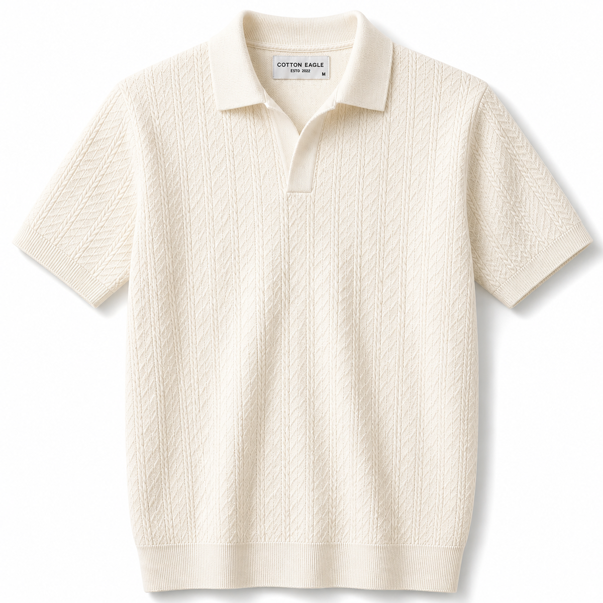 COTTON EAGLE V JHONNY COLLAR CABLE KNIT POLO SHIRT (OFF-WHITE)