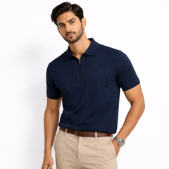 Z.A.R.A FRONT PANEL MEN'S ZIP UP POLO SHIRT (NAVY BLUE)