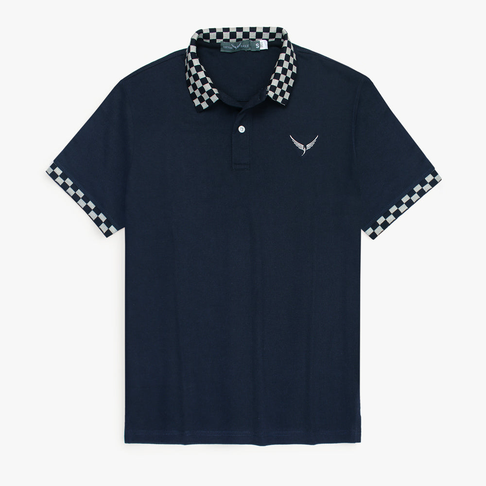 Cotton Eagle Premium Check Collar Polo Shirt (Navy Blue)