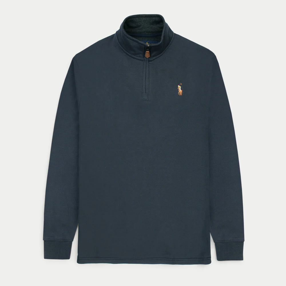 RL Imported Pique Cotton Fleece Zip-up Mockneck (Navy Blue)