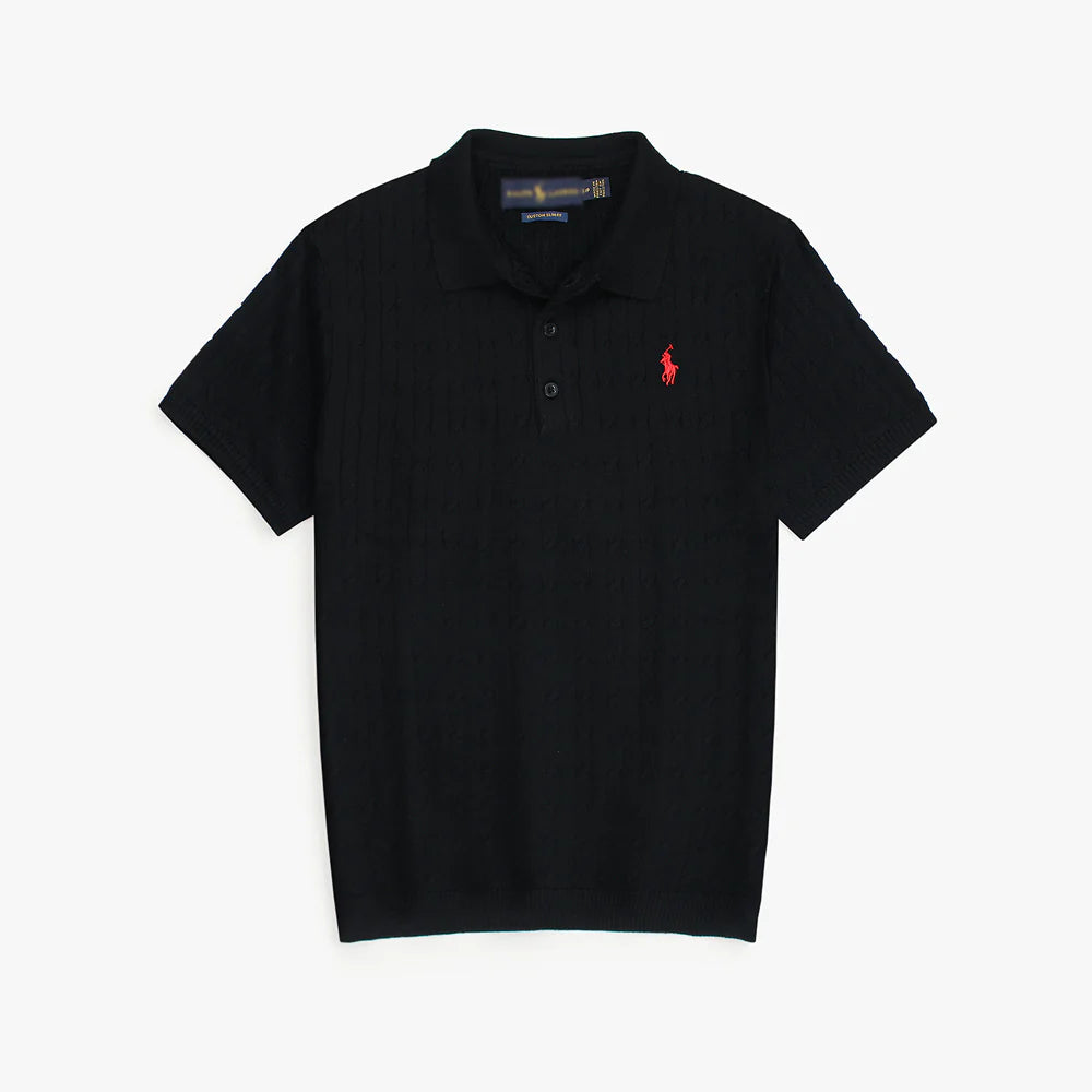 RL PREMIUM CABEL-KNIT BUTTON POLO SHIRT (BLACK)