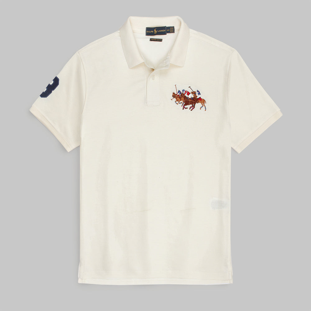 RL Premium 3 Horse Pique Cotton Polo Shirt (White)