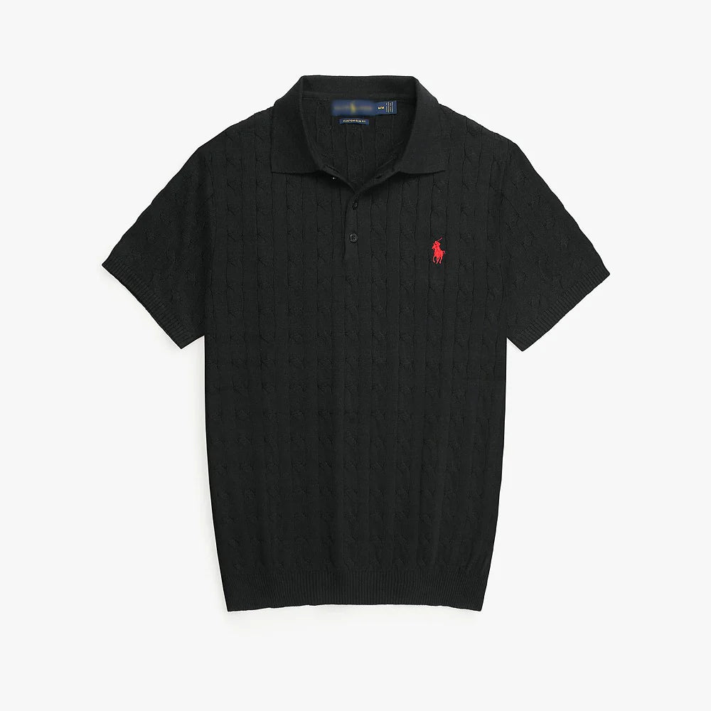 RL PREMIUM CABEL-KNIT BUTTON POLO SHIRT (BLACK)